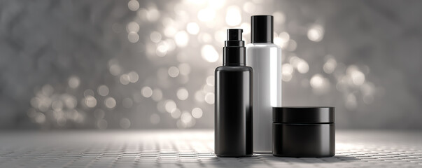 Elegant skincare products arranged on a textured surface with a soft, blurred background highlighting their sophisticated design