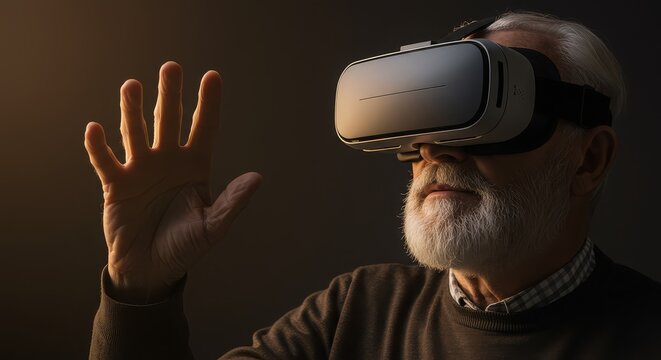 Elderly man experiencing virtual reality with raised hand