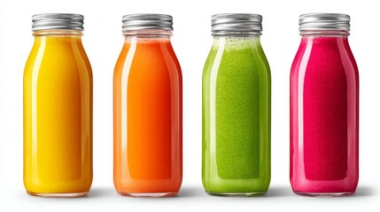 Four colorful juice bottles, a refreshing display of healthy fruit drinks four