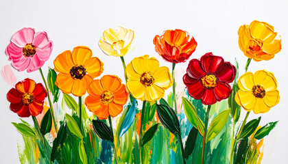 Oil painting of cute flowers. Floral design. Rough knife palette technique. Hand drawn