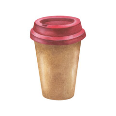 Paper coffee to go cup with red lid. Watercolor illustration of a Craft tea mug in Christmas colors. Hand drawn vintage sketch on white isolated background. Water color painting art image