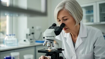 Senior female scientist deeply engrossed in research using a microscope in the modern laboratory - Powered by Adobe