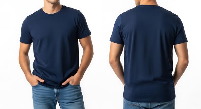 A man displays the front and back of a blue tshirt - Powered by Adobe