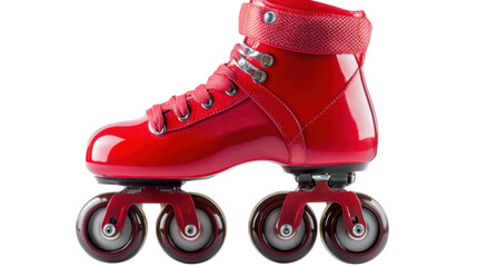 A single red roller skates with 4 black wheels isolated on white background 