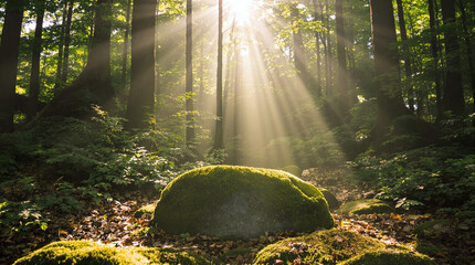 Sunbeams in Lush Forest with Mossy Rock