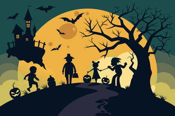 Silhouette of Trick or Treaters on a Hill vector illustration