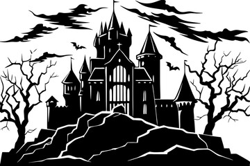 Stormy Sky Over Spooky Old Castle with Lightning vector illustration