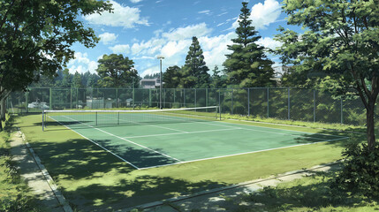 Obraz premium Empty tennis court with clear boundary lines and net. Suitable for sports, fitness, recreation, or outdoor activity themes in both professional and casual settings.