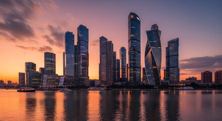 A modern metropolitan skyline at sunset, tall skyscrapers reflecting orange and pink hues from the sky, calm river in the foreground mirroring the city lights, a few boats on the water, soft clouds ov
