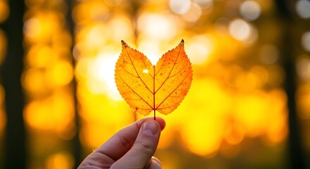 Woman holding sunlit leaf with heart shaped hole outdoors, closeup. Autumn season. Wallpaper 