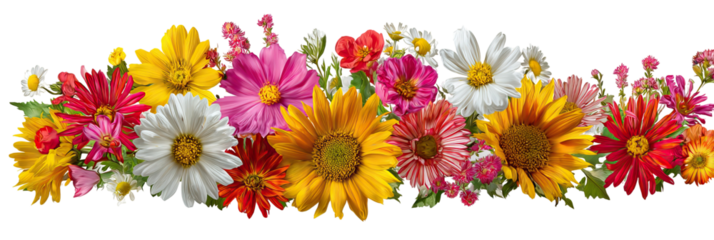 Vertical layout of colorful daisy and sunflower collection on transparent background

