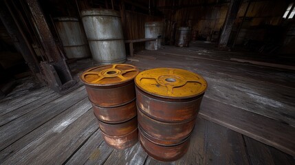 Vintage Rusty Oil Drums on Wooden Floor in Abandoned Warehouse