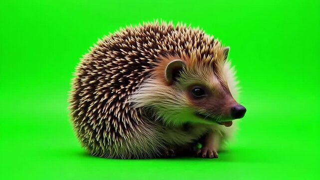 Adorable hedgehog poses with curious expression against vibrant green background