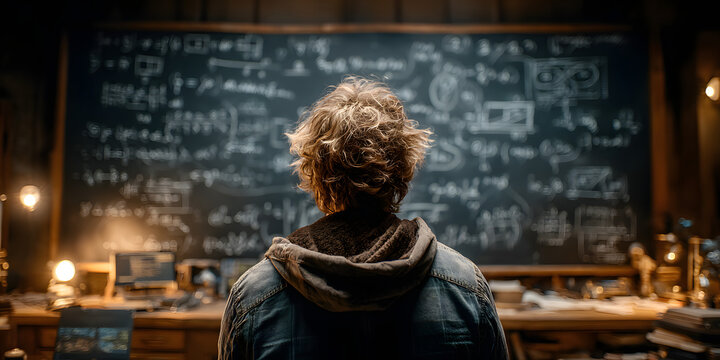 Scientist in the Research Lab: An focused and absorbed scientist, immersed in intricate equations on a chalkboard. The scene evokes a feeling of intense contemplation and intellectual discovery.