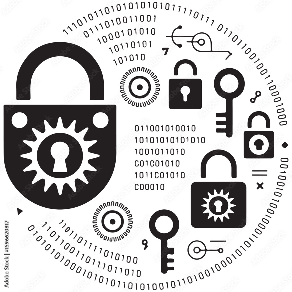 Poster secure lock and key icon set for web protection and safe access