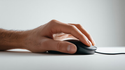 A hand holding a computer mouse against a plain white background. Minimalist tech concept, perfect for UI, office work, digital tools, or ergonomic device presentations.