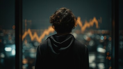 A contemplative figure gazing at illuminated financial graphs overlaid on the urban landscape, set against the tranquil backdrop of a night sky.