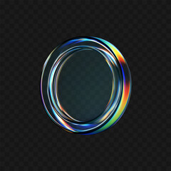 3D transparent glass coin icon with holographic effect, isolated on dark background. Render of iridescent flying glassy coin, game token, casino chip, digital currency or reward medal. 3D vector