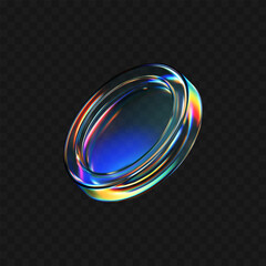 3D transparent glass coin icon with holographic and iridescent effect. Render of flying glass coin for digital currency, casino chip, reward medal, or futuristic UI element. 3D vector illustration