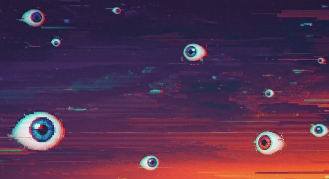 Glitching eyes float on a vibrant, distorted landscape