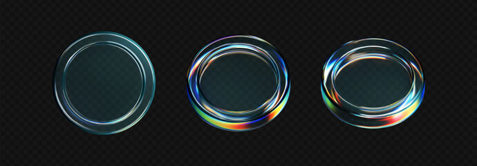 Naklejka na ściany i meble 3D transparent glass coin icons with holographic and iridescent effects. Flying crystal tokens for digital currency, casino chips, reward medals. Ideal for modern tech visuals. 3D vector illustration
