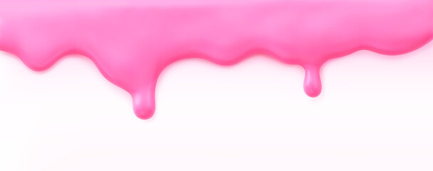 Pink liquid texture strawberry topping or dripping glaze isolated on white background. Render of realistic melting raspberry ice cream border, yogurt, slime, nail polish, or cake icing. 3D vector