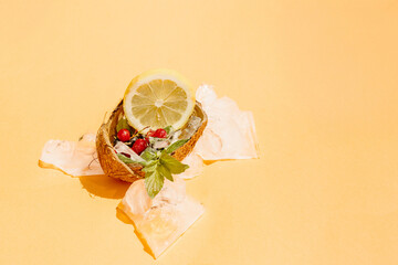 Half a coconut filled with red currants, mint, and lemon slice, surrounded by melting ice on a warm...