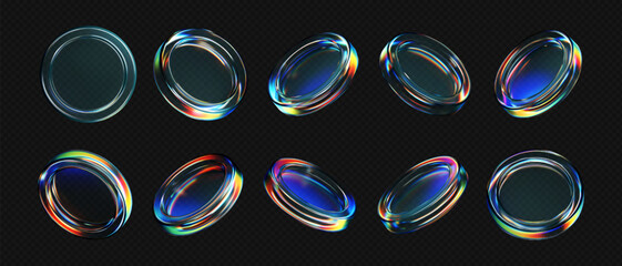 3D transparent glass coin icons with holographic effect, isolated on dark background. Render of iridescent flying glassy coins, game tokens, casino chips, digital currency or reward medals. 3D vector