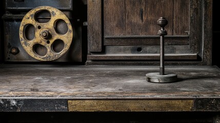 Obraz premium Vintage Workshop Scene with Metal Spindle and Rusty Wheel Detail