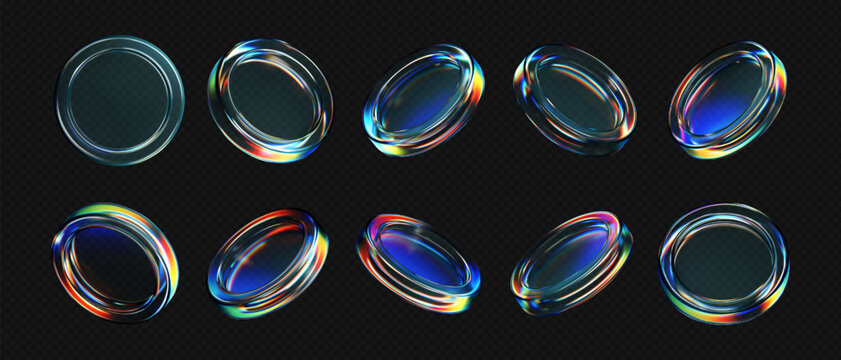 3D transparent glass coin icons with holographic effect, isolated on dark background. Render of iridescent flying glassy coins, game tokens, casino chips, digital currency or reward medals. 3D vector