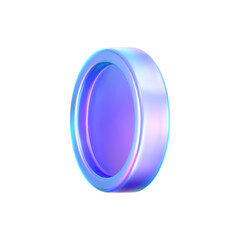 3D holographic coin icon with purple neon effect, isolated on white background. Iridescent chrome coin render, game token, casino chip, digital currency or holo reward medal. 3D vector illustration