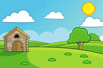 Fototapeta premium Stone House in Sunny Green Meadow with Distant Clouds 