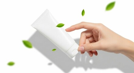 Hand holding blank white cosmetic tube with green leaves concept skincare products