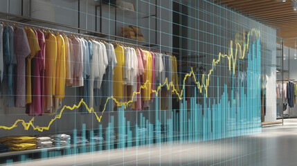 Financial data chart overlay with clothing store interior in the background. Perfect for retail analytics, fashion business insights, and sales performance visualization.