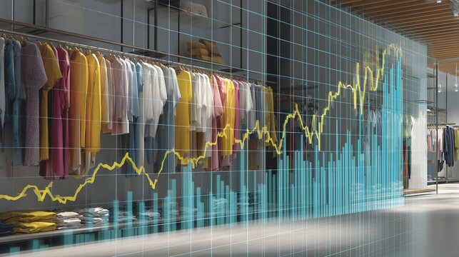 Financial data chart overlay with clothing store interior in the background. Perfect for retail analytics, fashion business insights, and sales performance visualization.