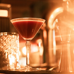 Dark red cocktail on bar counter with warm lighting.