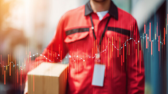 Financial data chart with background of a delivery courier carrying a box. Represents logistics business growth, e-commerce economy, and financial trends in the delivery industry. - Powered by Adobe