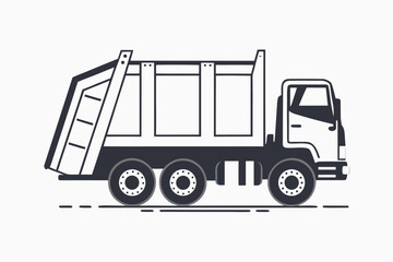 Black and white garbage truck with solid fill and outline appears stationary