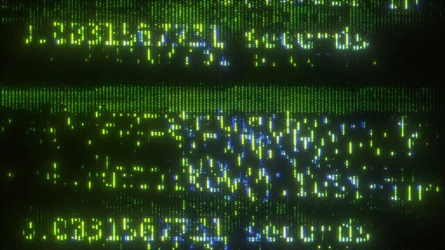 4K Glitch code overlay with scrolling green digits and CRT distortion, pixel tear effect for motion graphics, screen mode, data visualization glitch pack