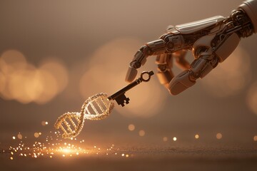 An artistic representation of technology and biology, a robotic hand delicately interacting with a DNA strand holding a key.