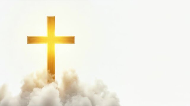 A golden cross shining amidst clouds, representing faith, hope, and religious significance,
