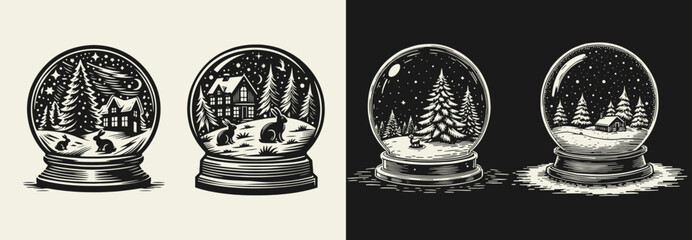 Set of snow globes with winter Christmas scenes inside. Cozy cabins, pine trees, and snowfall in black and white vector style.