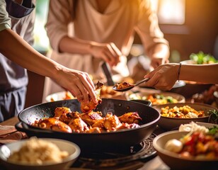 family hands cooking chicken