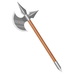 Medieval axe isolated on white background. Illustration of a fantasy of weapon. Fighting axe of the Viking. Warrior poleaxe. Weapon of the Celtic solder. Vector realistic flat design