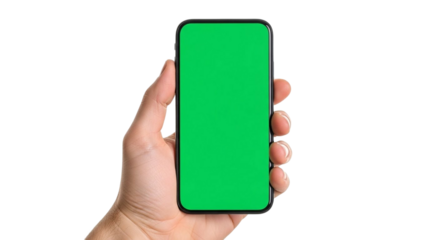 Hand holding smartphone with green screen on black background for app mockup or design