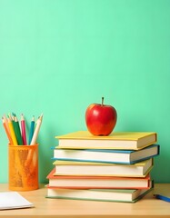 Vibrant Stack of Books with Apple and Pencils