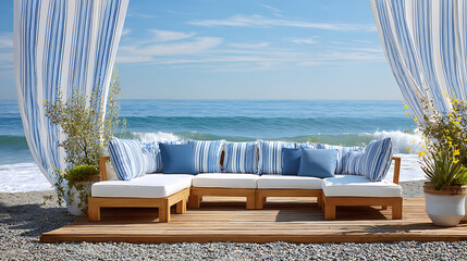 sofa with blue cushions on the terrace near the sea