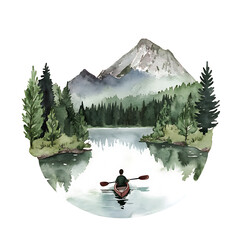 Watercolor painting of a person kayaking on a serene lake surrounded by evergreen forests and a majestic mountain range, capturing a peaceful outdoor scene.