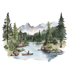 Watercolor landscape with a person kayaking in a river surrounded by trees and mountains. A serene and tranquil scene.