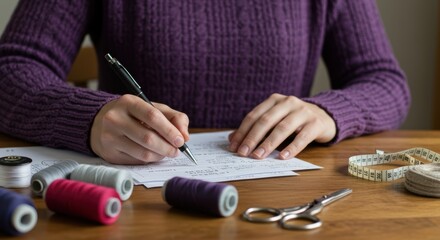Obraz premium Person designing sewing project with colorful threads scissors and measuring tape in cozy knit sweater